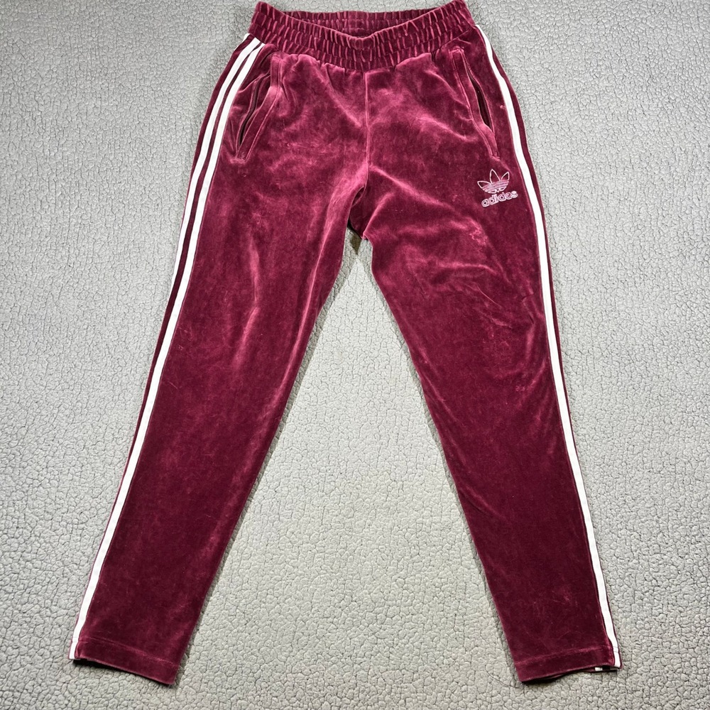 Adidas Track Pants Mens S Velour 3-Stripe Joggers Burgundy Retro